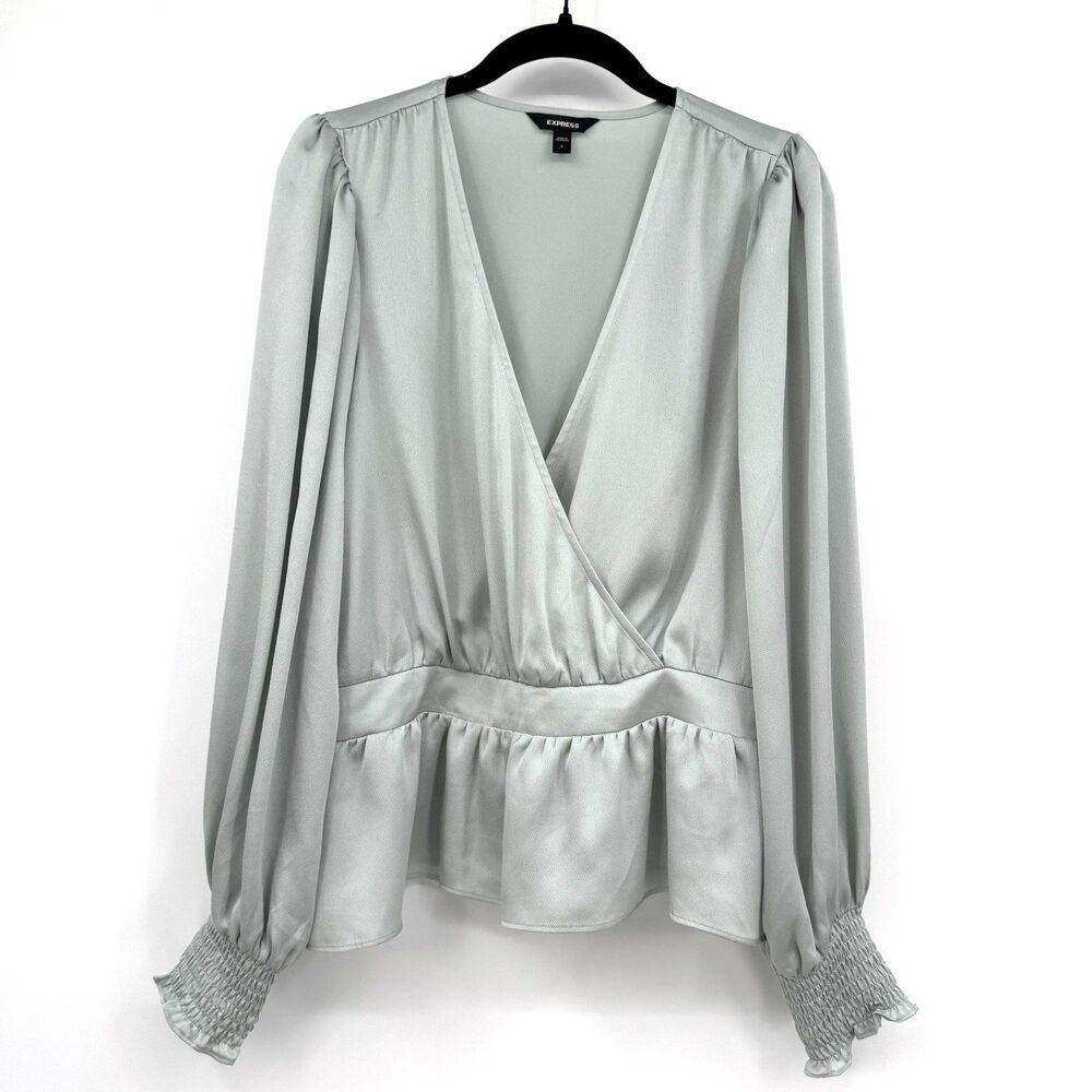 Express Womens Blouse Large Satin V-Neck Peplum Long Sleeve Blue Gray Silver Top